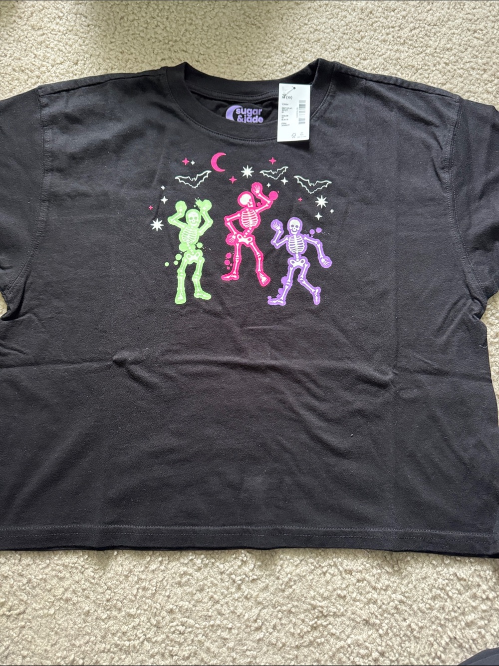 Girls Black Tee with Neon Dancing Skeletons